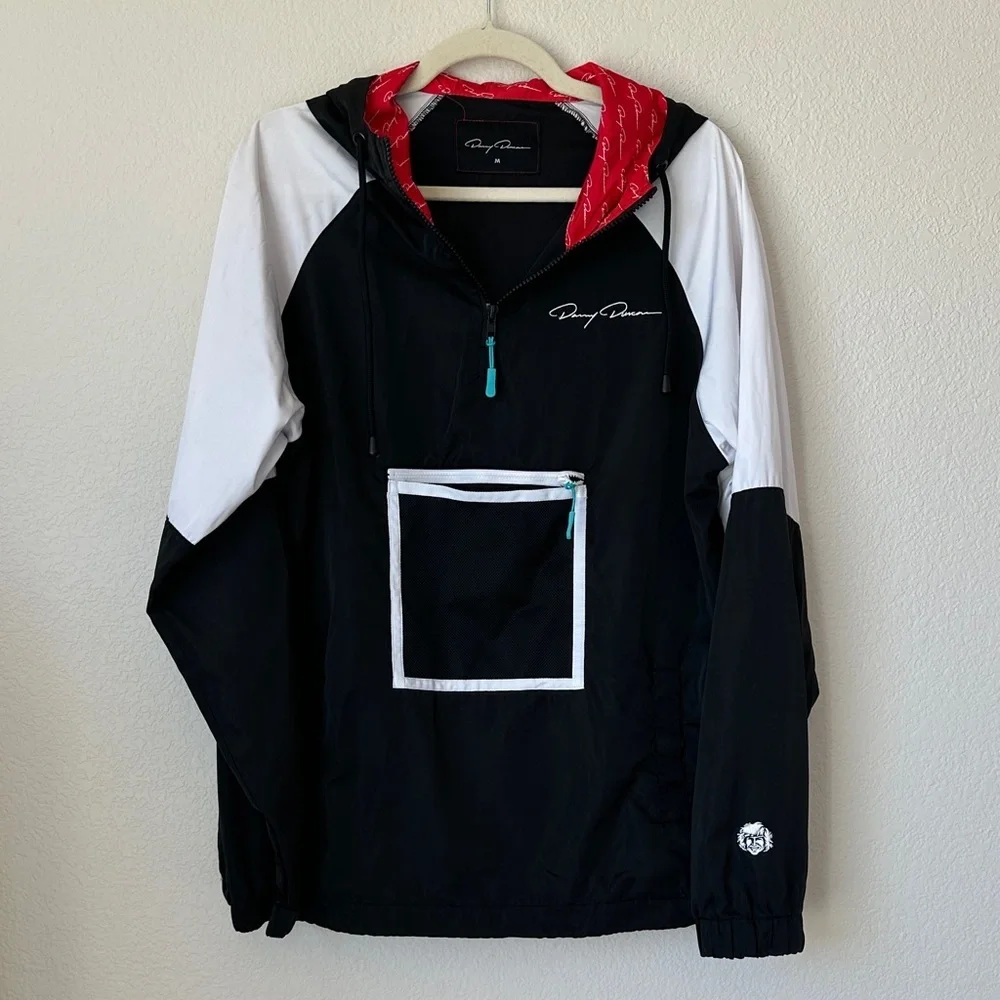 Danny Duncan Black White Windbreaker Hoodie Red Lined Hood Streetwear Size M